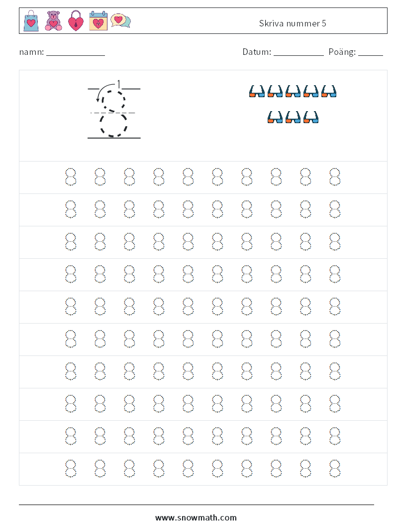 Skriva nummer 5 Matematiska arbetsblad 1