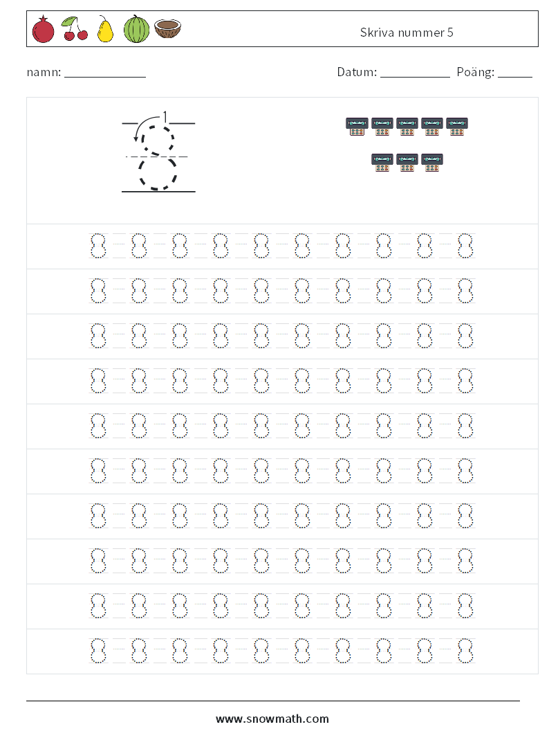 Skriva nummer 5 Matematiska arbetsblad 13