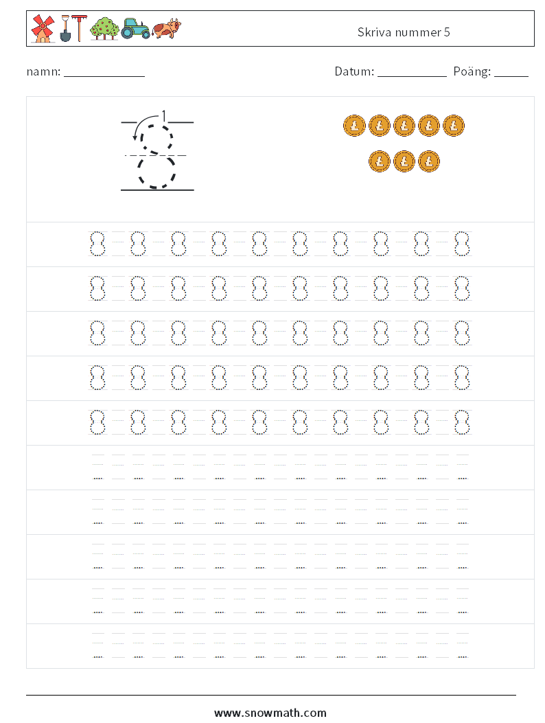 Skriva nummer 5 Matematiska arbetsblad 15