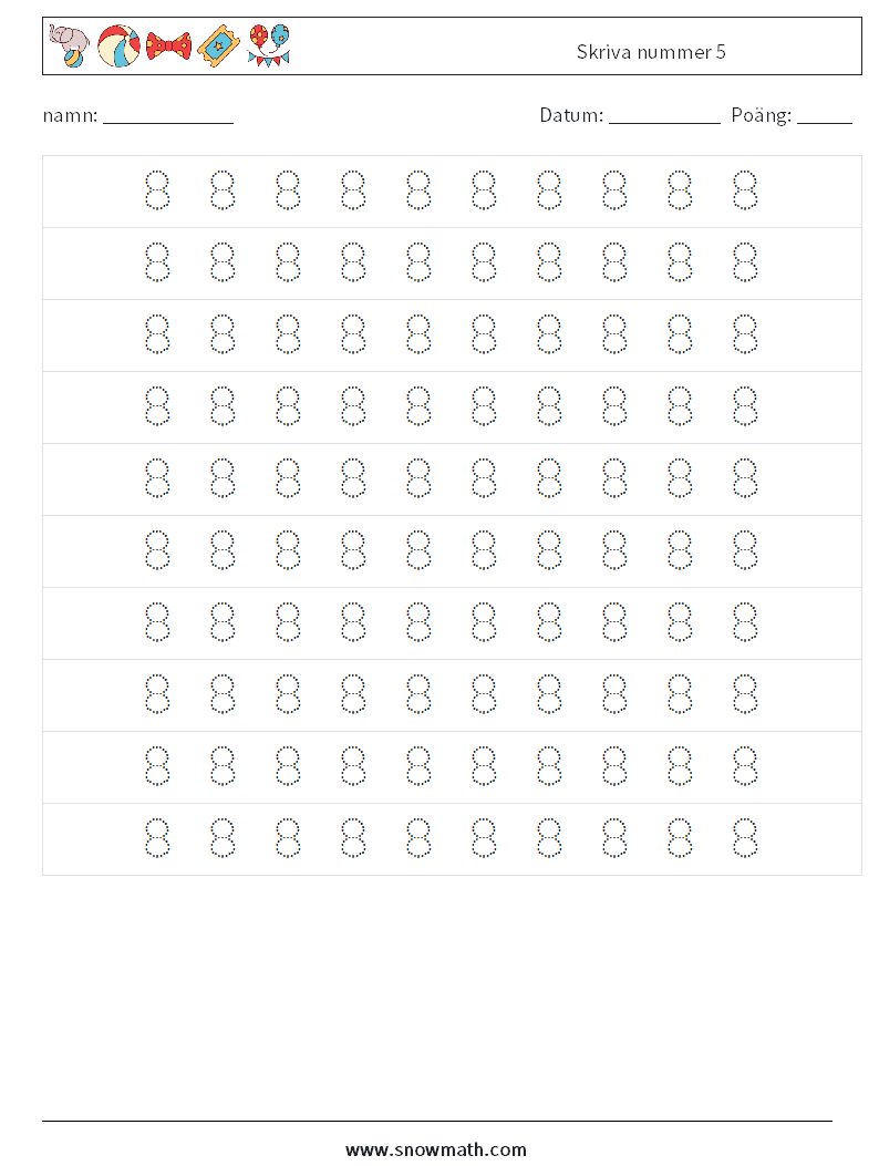 Skriva nummer 5 Matematiska arbetsblad 2