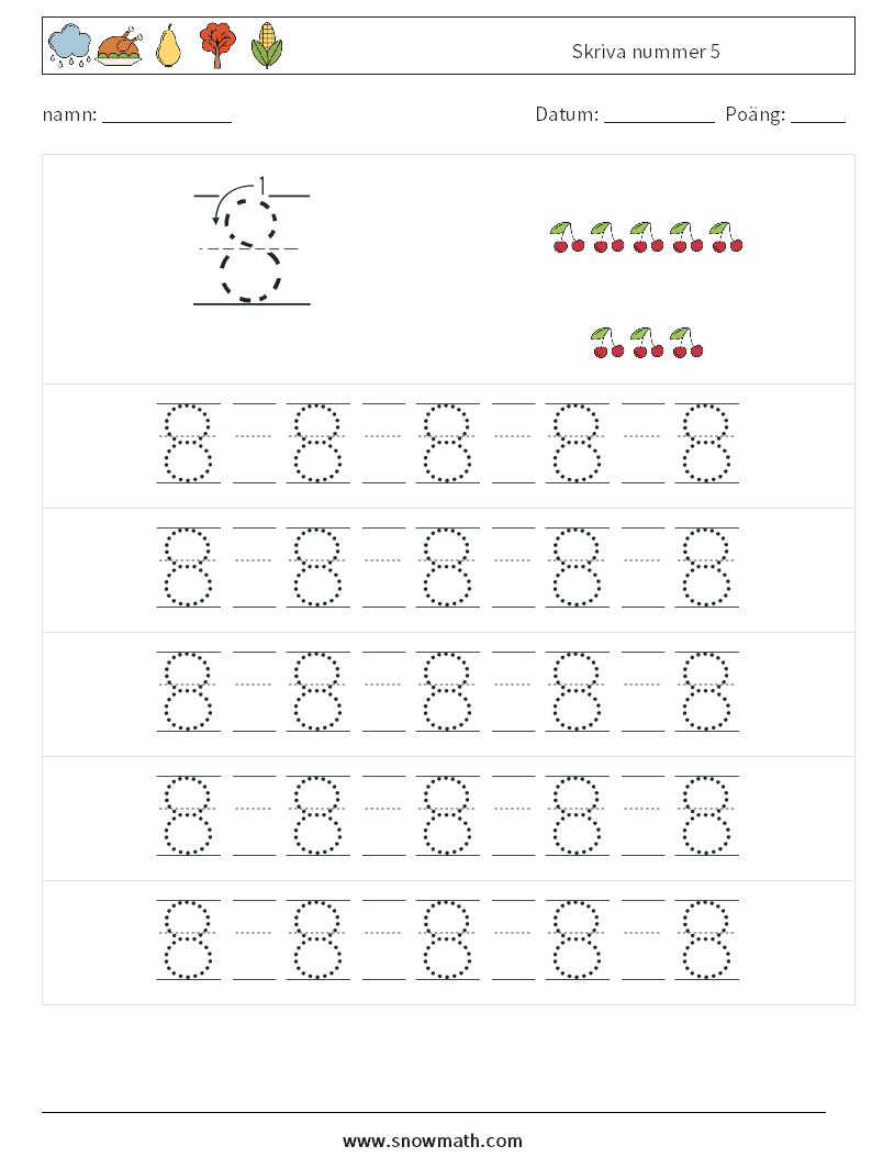 Skriva nummer 5 Matematiska arbetsblad 21