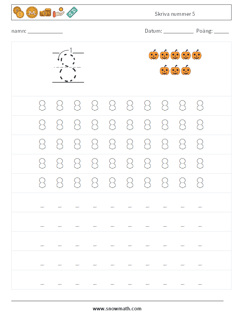 Skriva nummer 5 Matematiska arbetsblad 3