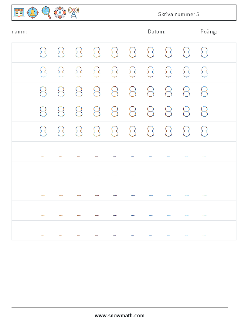 Skriva nummer 5 Matematiska arbetsblad 4