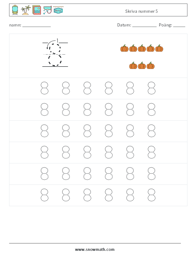 Skriva nummer 5 Matematiska arbetsblad 5