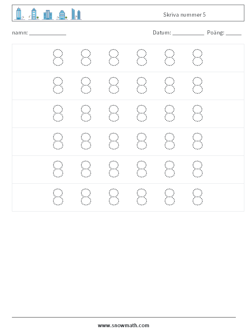 Skriva nummer 5 Matematiska arbetsblad 6