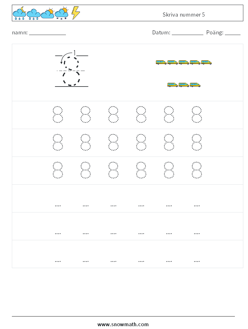 Skriva nummer 5 Matematiska arbetsblad 7