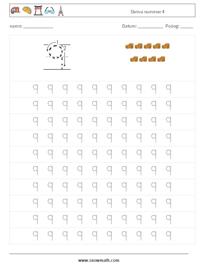 Skriva nummer 4 Matematiska arbetsblad 1