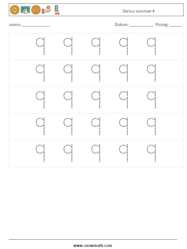 Skriva nummer 4 Matematiska arbetsblad 10