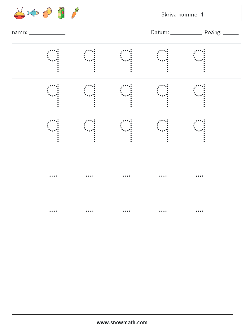 Skriva nummer 4 Matematiska arbetsblad 12