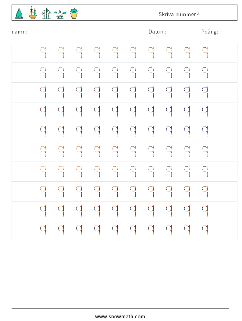 Skriva nummer 4 Matematiska arbetsblad 2