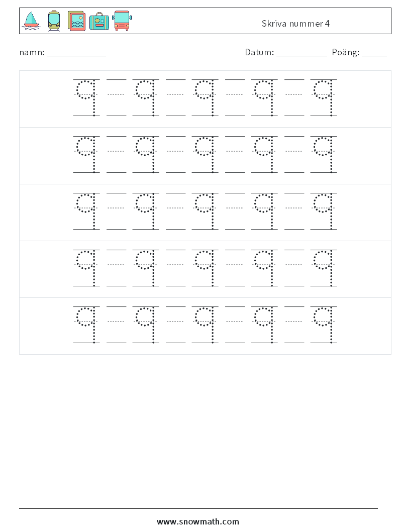 Skriva nummer 4 Matematiska arbetsblad 22