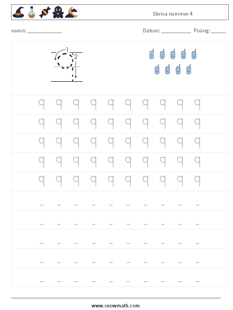 Skriva nummer 4 Matematiska arbetsblad 3