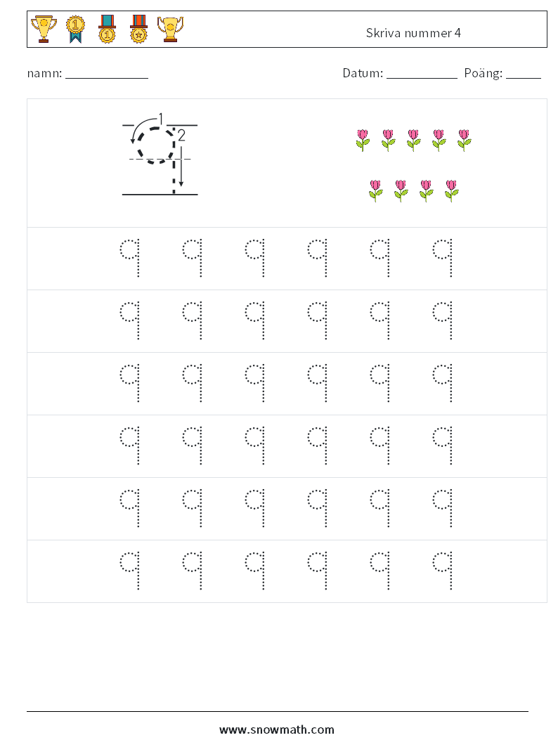 Skriva nummer 4 Matematiska arbetsblad 5