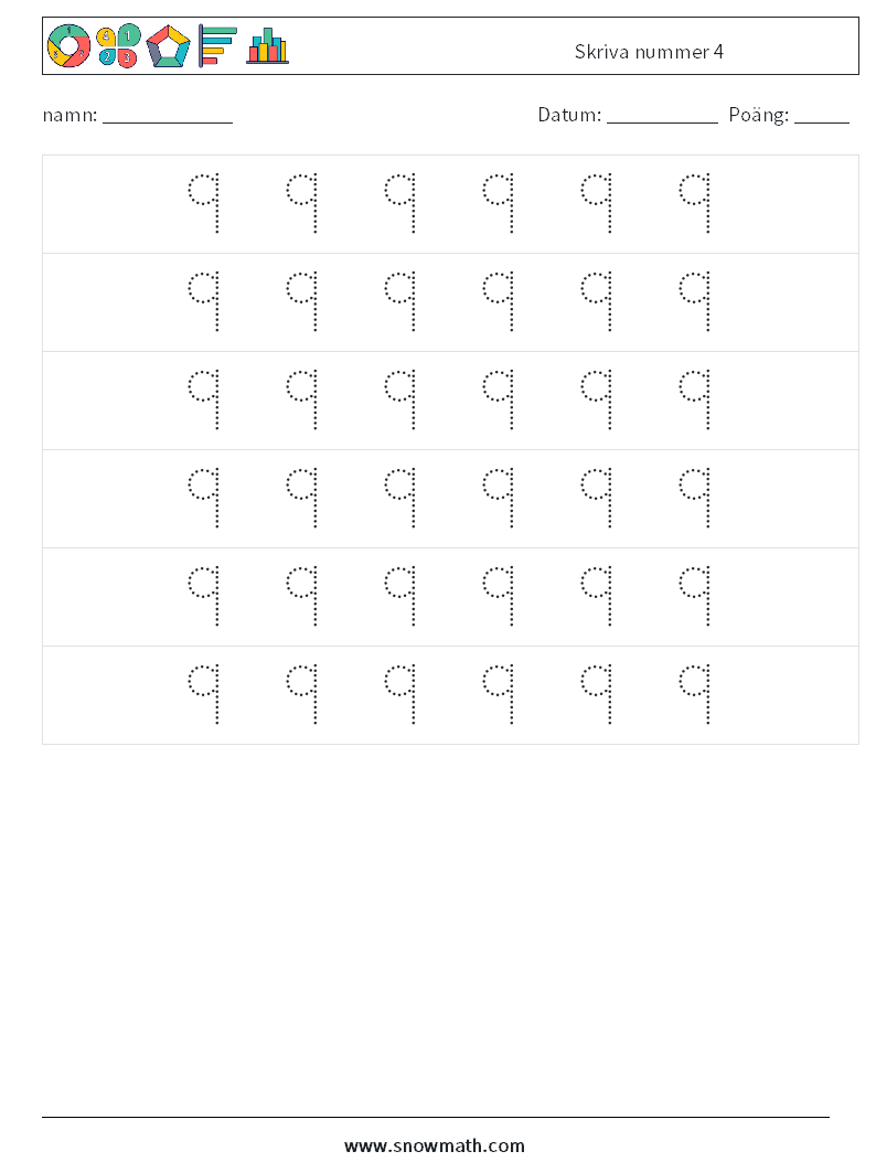 Skriva nummer 4 Matematiska arbetsblad 6