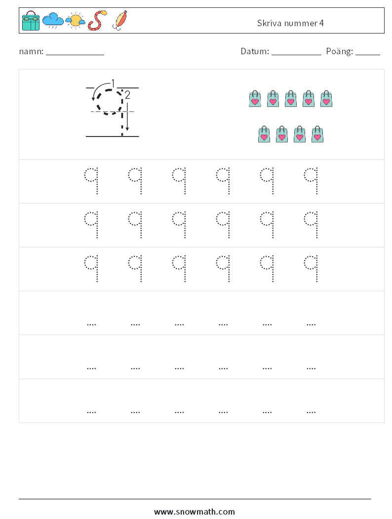 Skriva nummer 4 Matematiska arbetsblad 7