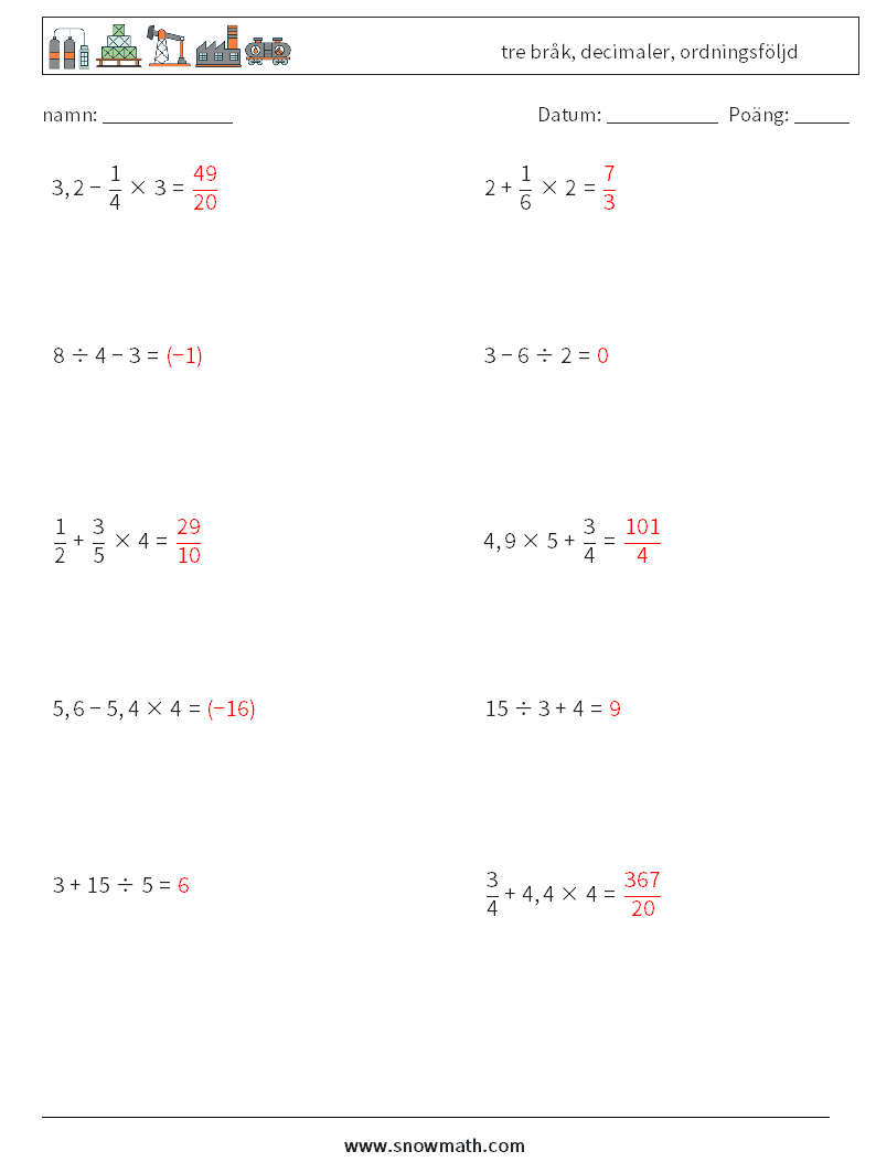 (10) tre bråk, decimaler, ordningsföljd Matematiska arbetsblad 18 Fråga, svar