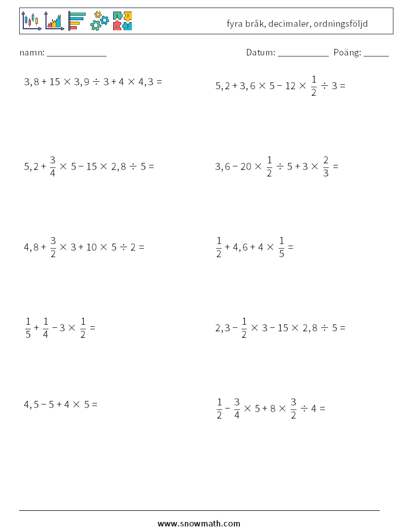 (10) fyra bråk, decimaler, ordningsföljd Matematiska arbetsblad 1