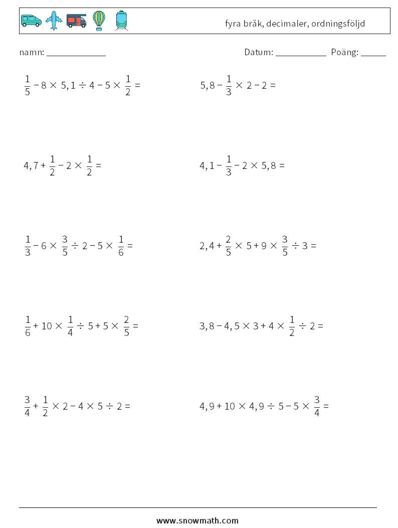 (10) fyra bråk, decimaler, ordningsföljd Matematiska arbetsblad 10