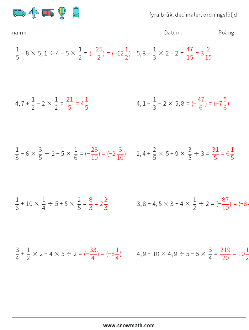 (10) fyra bråk, decimaler, ordningsföljd Matematiska arbetsblad 10 Fråga, svar