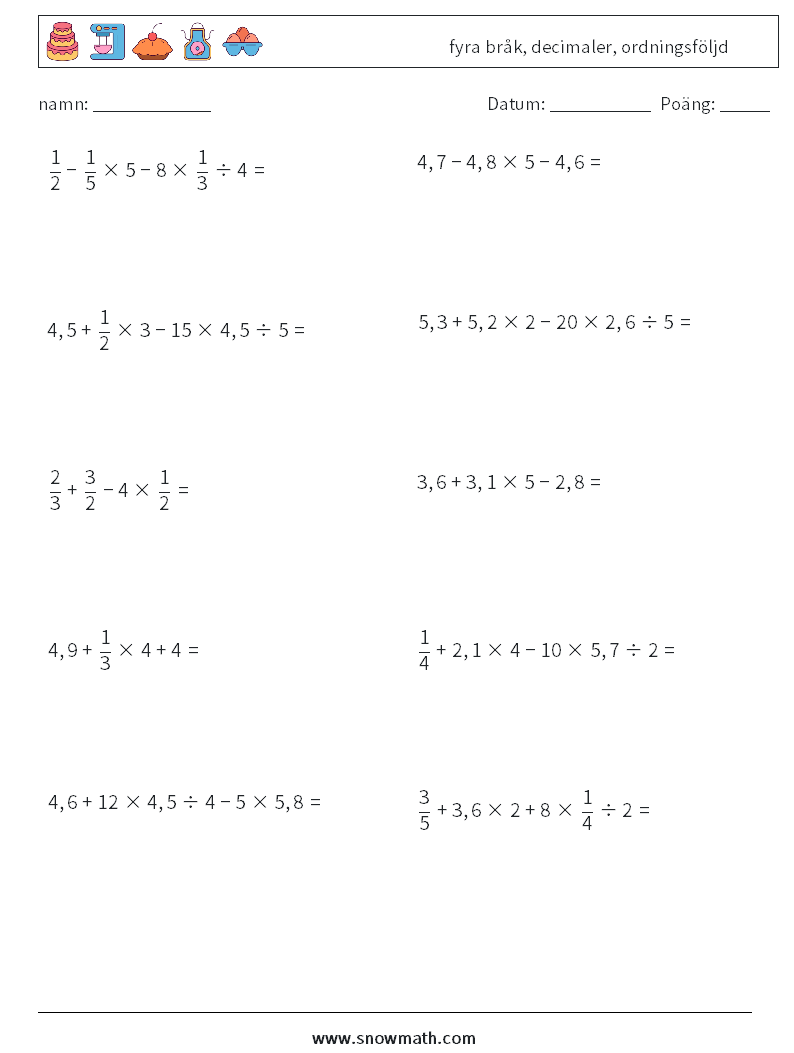 (10) fyra bråk, decimaler, ordningsföljd Matematiska arbetsblad 12