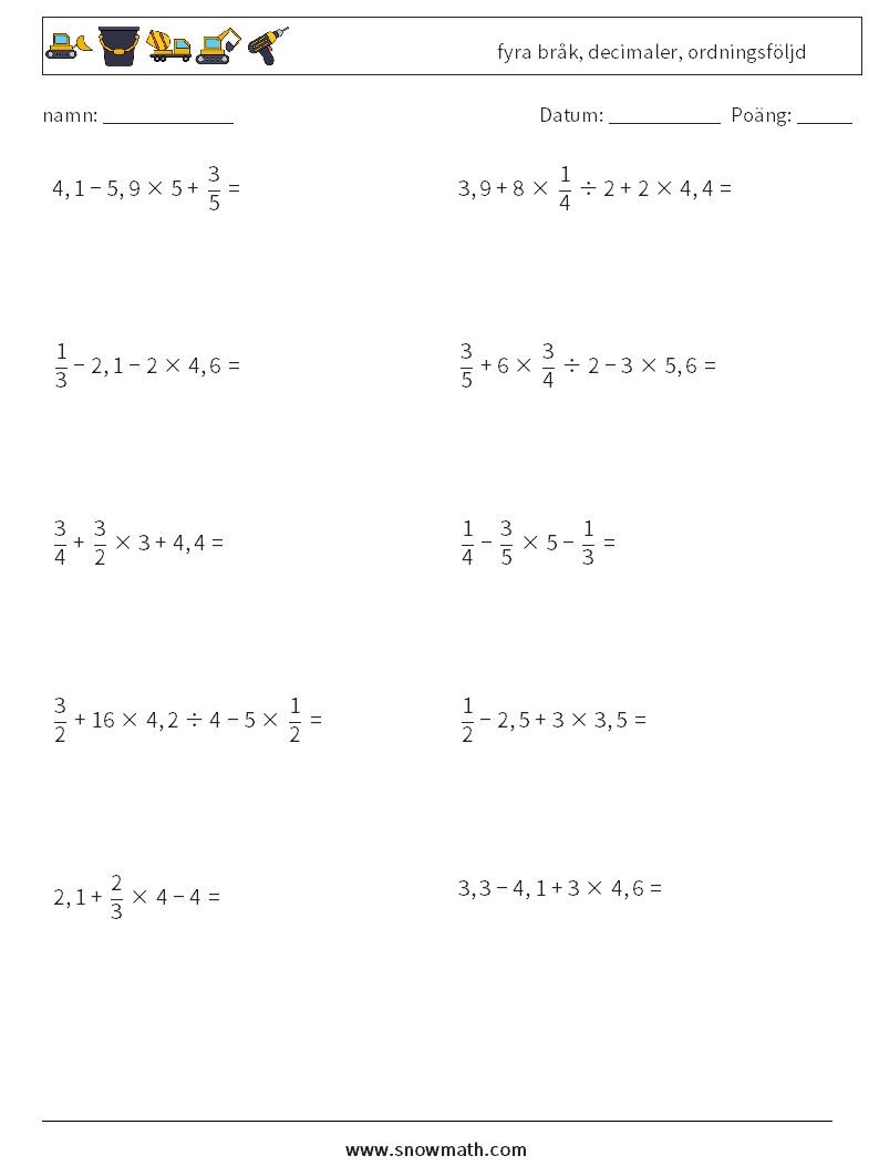 (10) fyra bråk, decimaler, ordningsföljd Matematiska arbetsblad 13