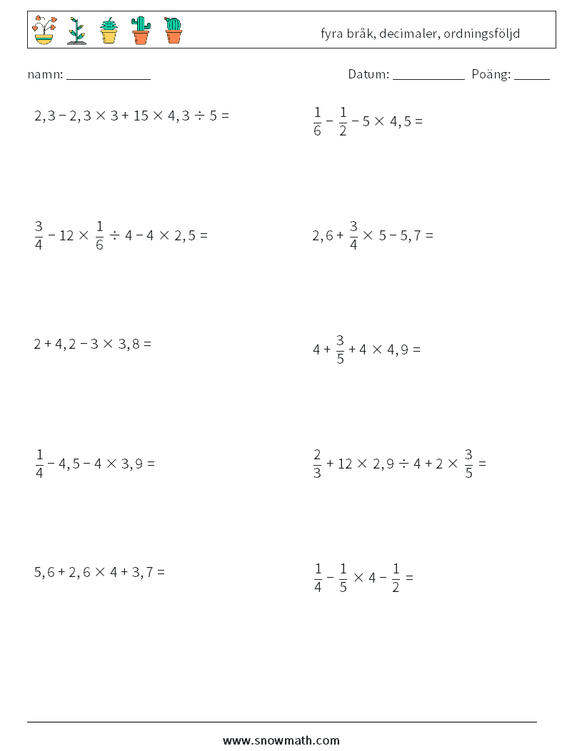 (10) fyra bråk, decimaler, ordningsföljd Matematiska arbetsblad 14