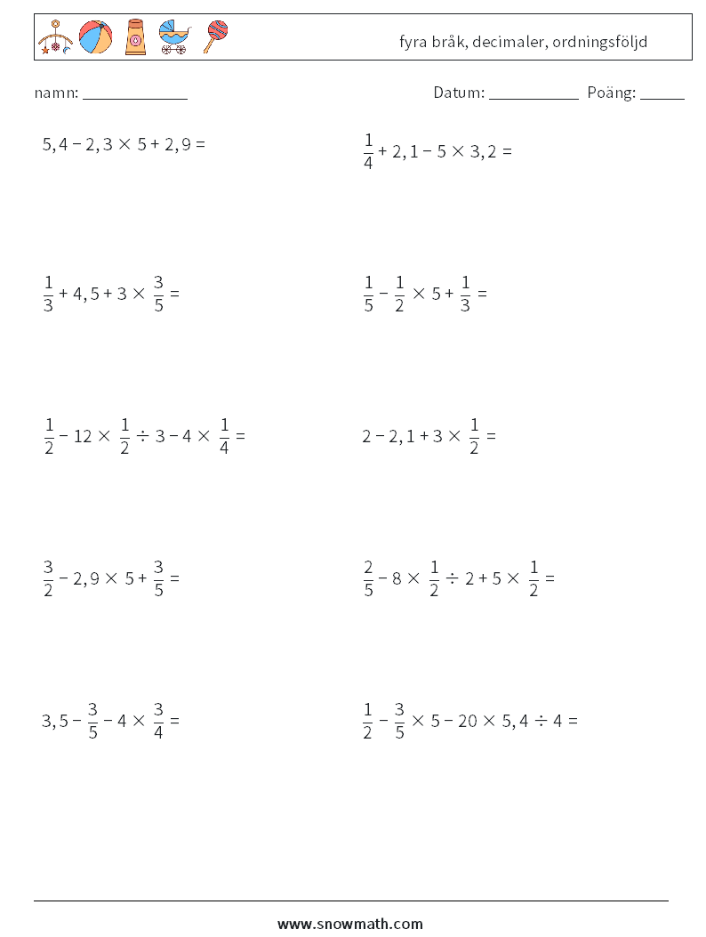 (10) fyra bråk, decimaler, ordningsföljd Matematiska arbetsblad 15