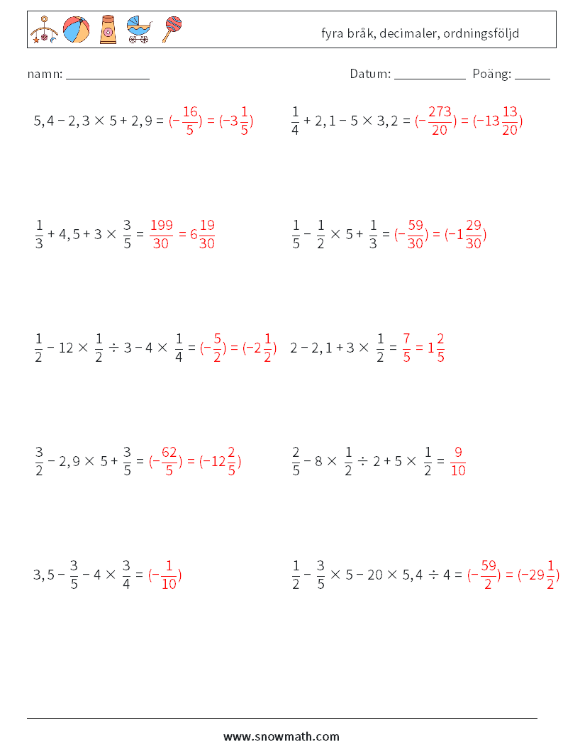 (10) fyra bråk, decimaler, ordningsföljd Matematiska arbetsblad 15 Fråga, svar