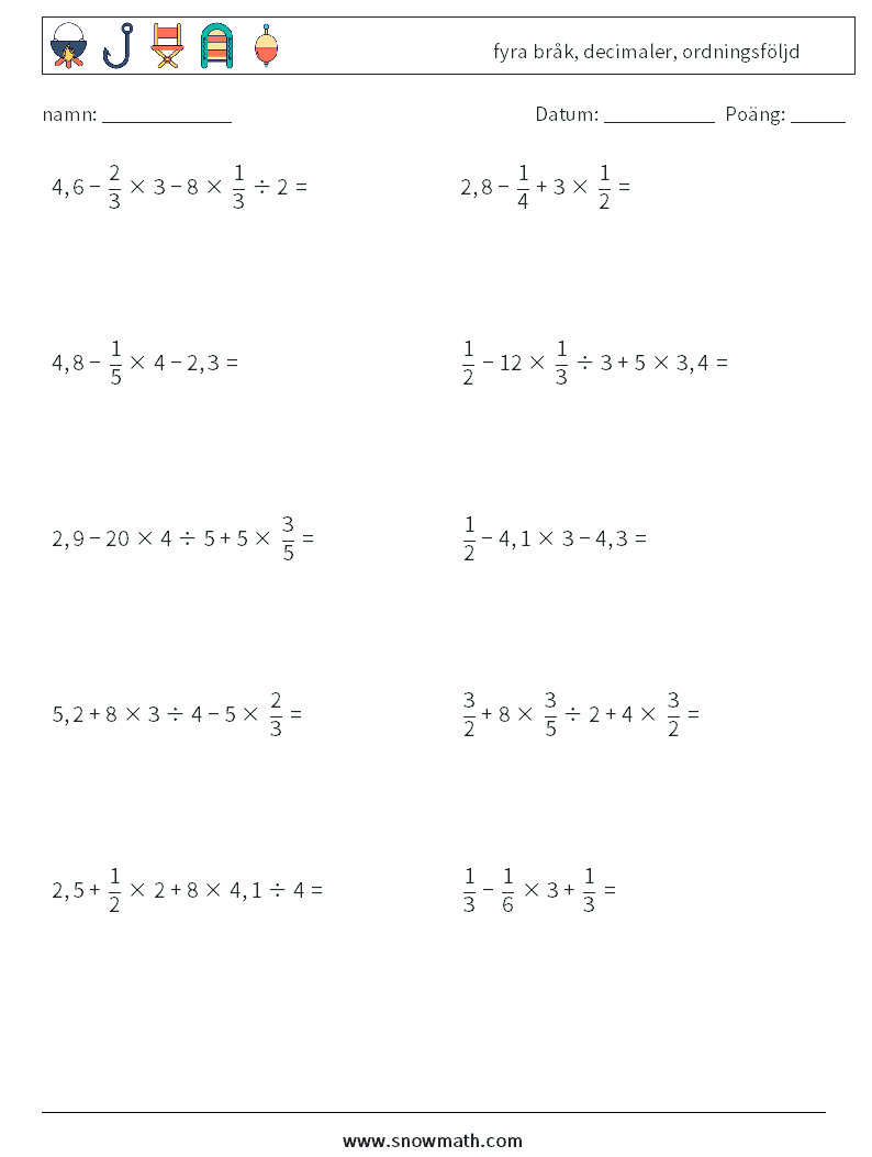(10) fyra bråk, decimaler, ordningsföljd Matematiska arbetsblad 16