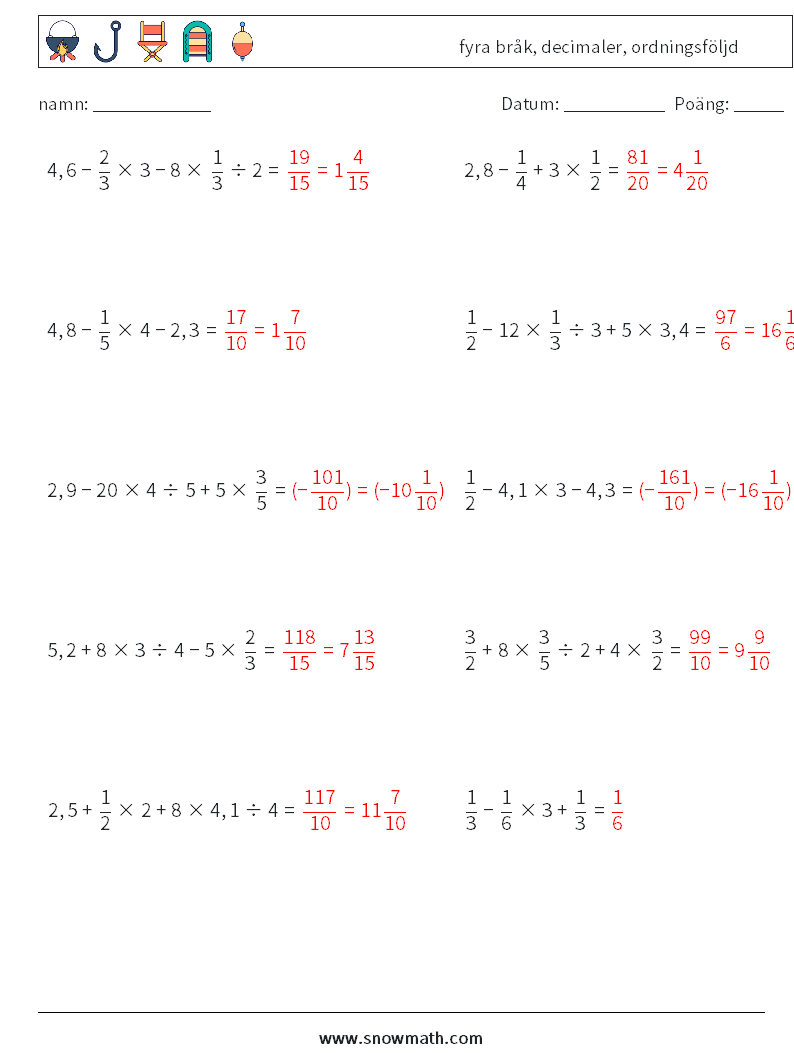 (10) fyra bråk, decimaler, ordningsföljd Matematiska arbetsblad 16 Fråga, svar