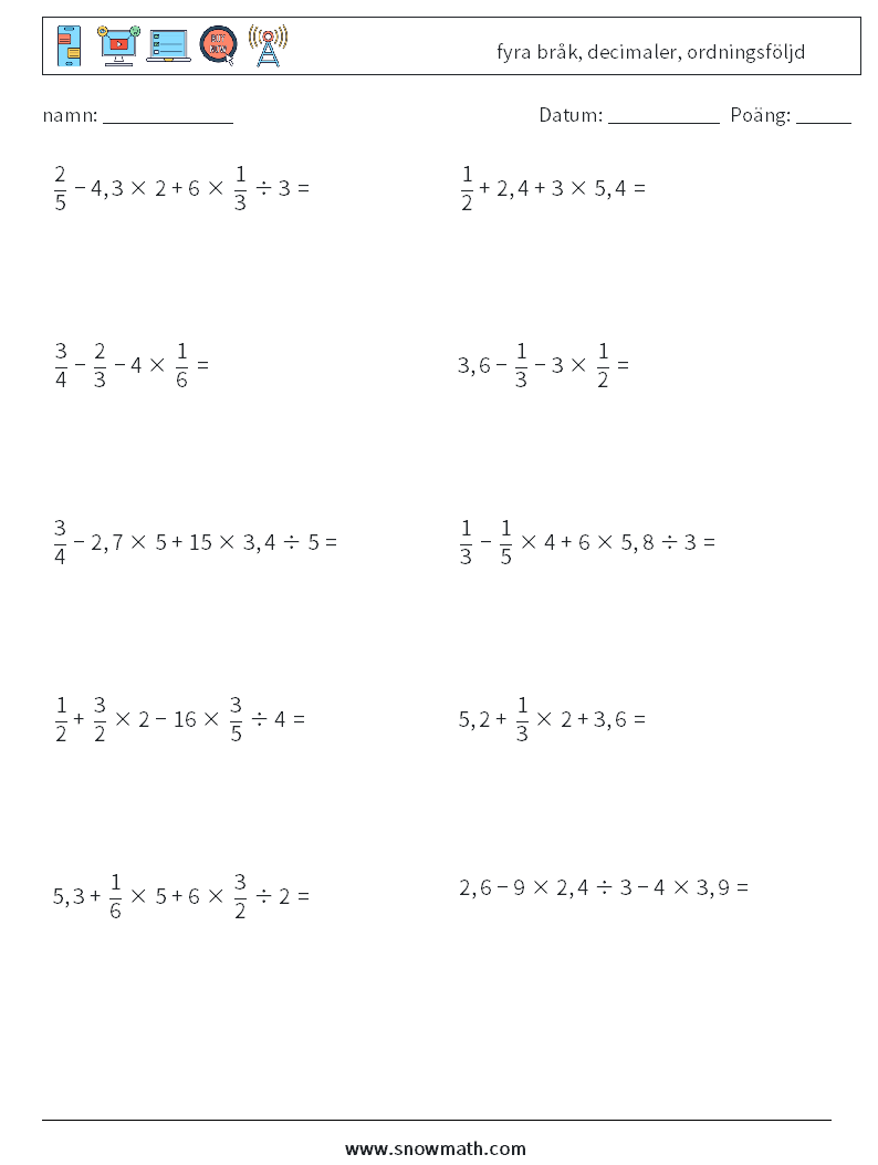 (10) fyra bråk, decimaler, ordningsföljd Matematiska arbetsblad 17