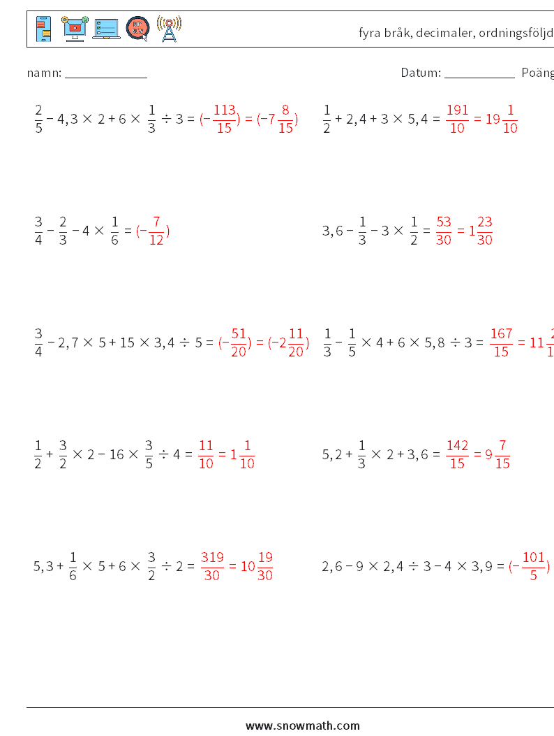 (10) fyra bråk, decimaler, ordningsföljd Matematiska arbetsblad 17 Fråga, svar