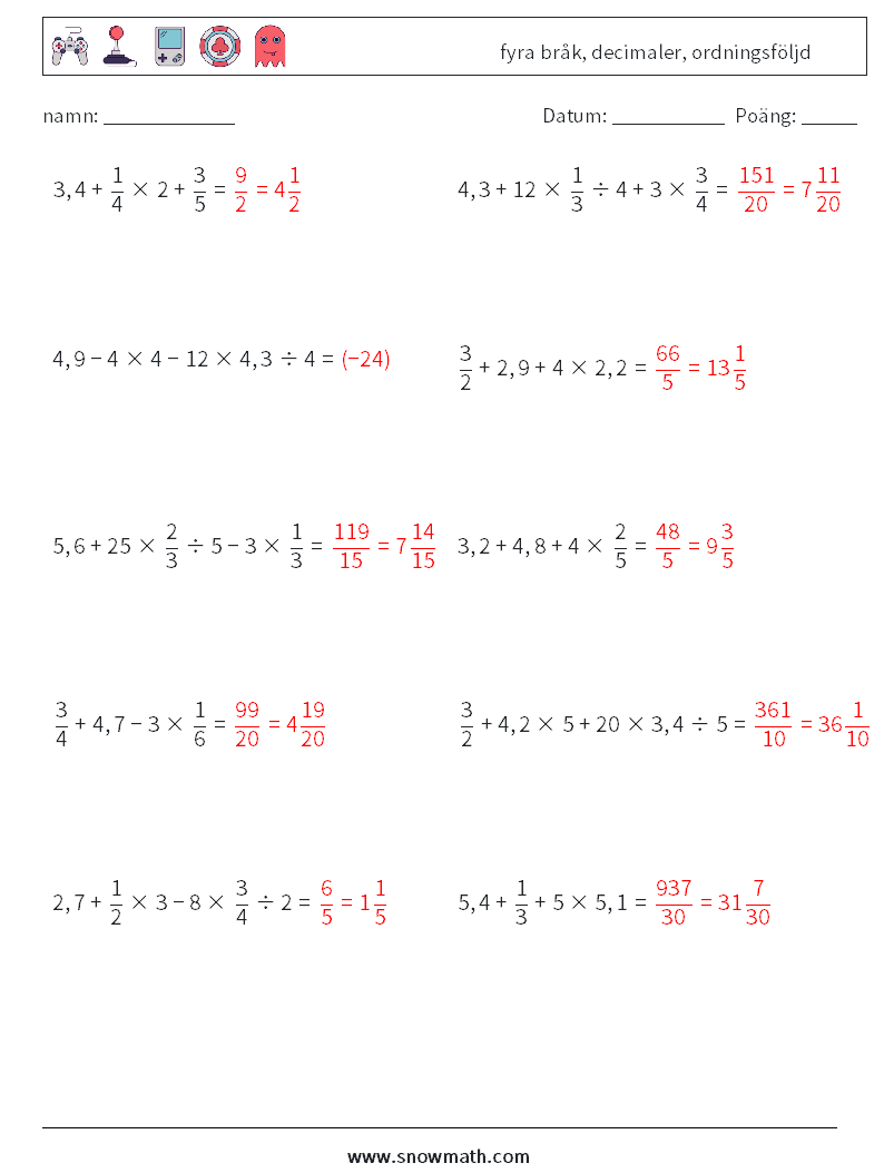 (10) fyra bråk, decimaler, ordningsföljd Matematiska arbetsblad 18 Fråga, svar