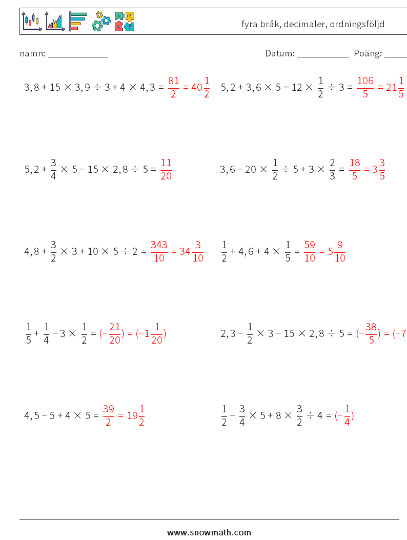 (10) fyra bråk, decimaler, ordningsföljd Matematiska arbetsblad 1 Fråga, svar