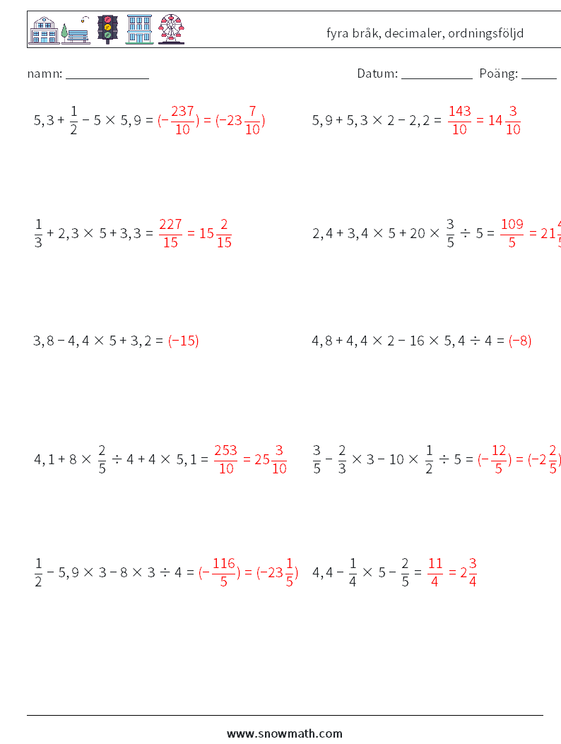 (10) fyra bråk, decimaler, ordningsföljd Matematiska arbetsblad 2 Fråga, svar