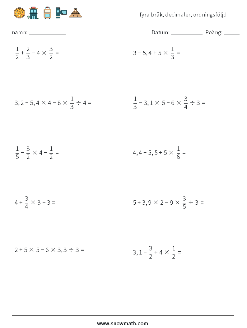 (10) fyra bråk, decimaler, ordningsföljd Matematiska arbetsblad 3