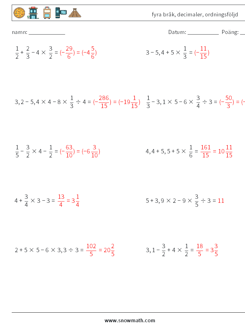 (10) fyra bråk, decimaler, ordningsföljd Matematiska arbetsblad 3 Fråga, svar