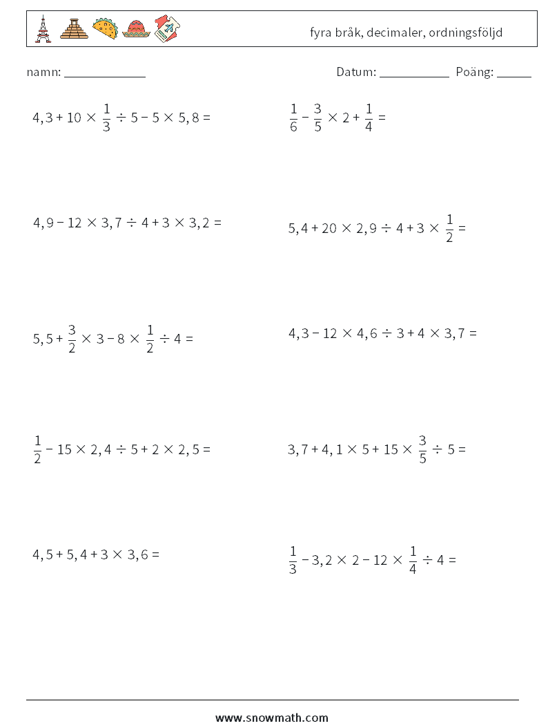 (10) fyra bråk, decimaler, ordningsföljd Matematiska arbetsblad 4