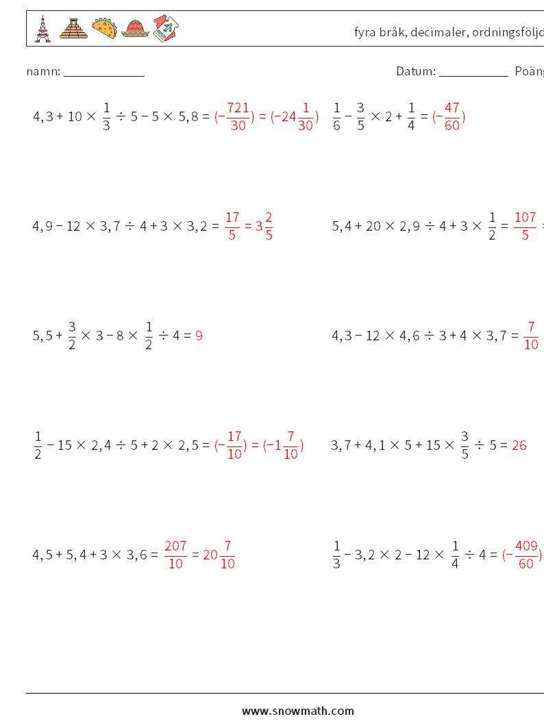 (10) fyra bråk, decimaler, ordningsföljd Matematiska arbetsblad 4 Fråga, svar