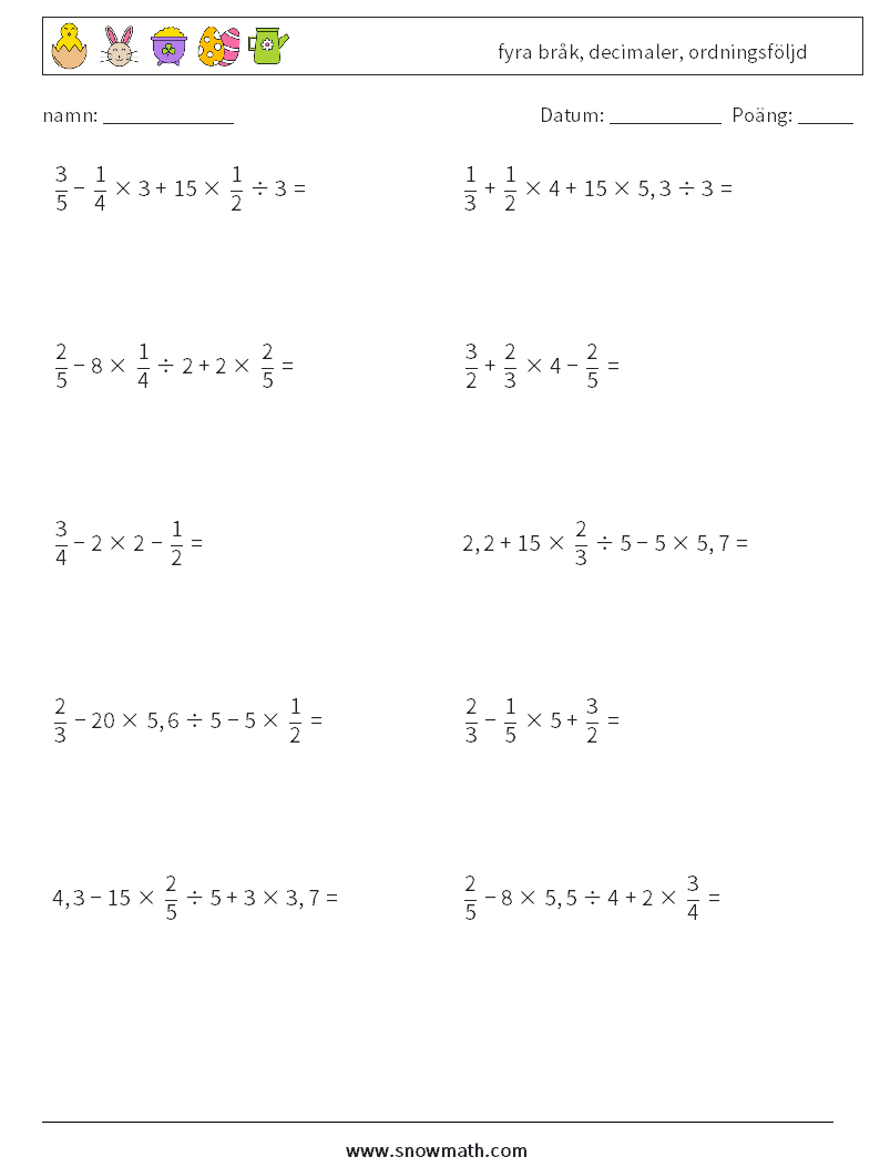 (10) fyra bråk, decimaler, ordningsföljd Matematiska arbetsblad 5