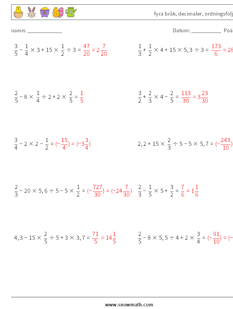 (10) fyra bråk, decimaler, ordningsföljd Matematiska arbetsblad 5 Fråga, svar