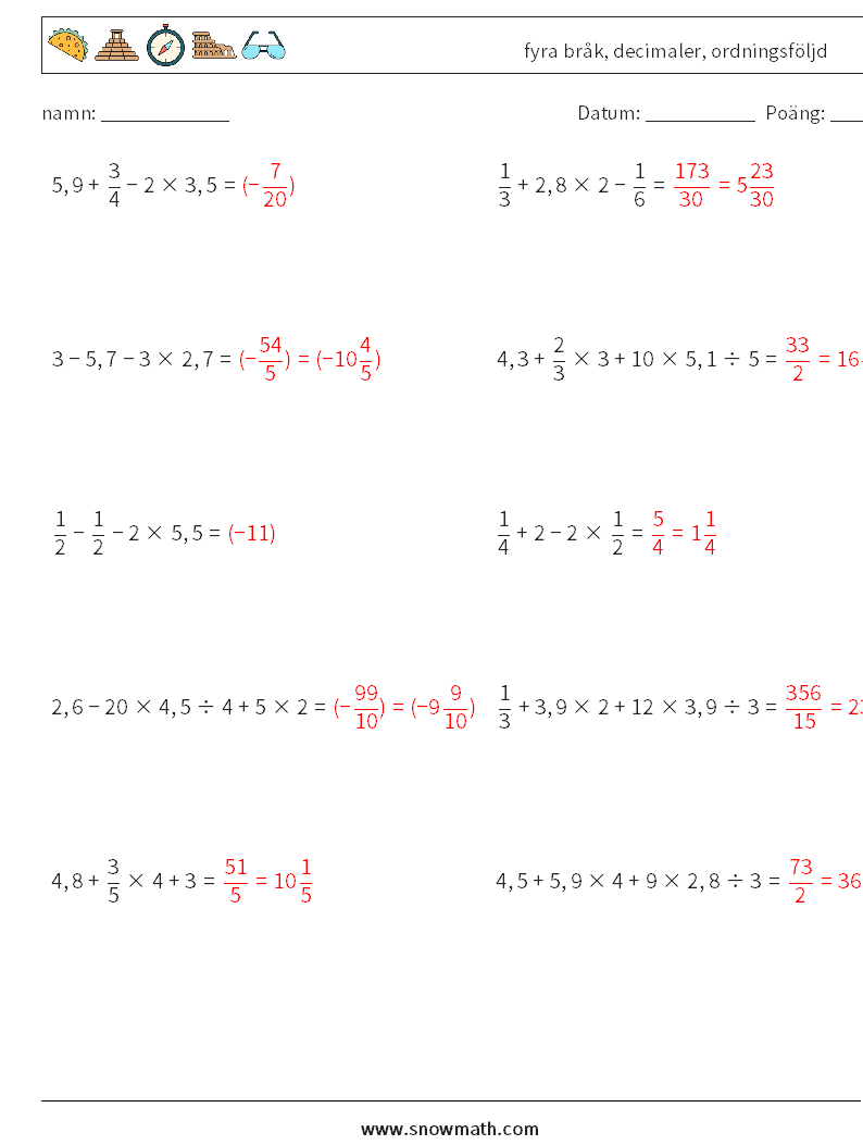 (10) fyra bråk, decimaler, ordningsföljd Matematiska arbetsblad 6 Fråga, svar