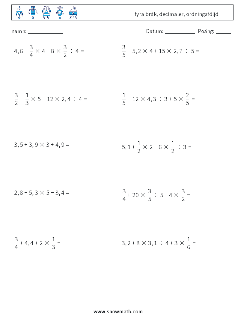 (10) fyra bråk, decimaler, ordningsföljd Matematiska arbetsblad 7