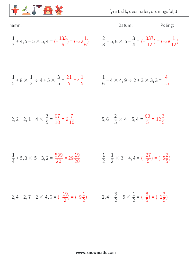 (10) fyra bråk, decimaler, ordningsföljd Matematiska arbetsblad 8 Fråga, svar