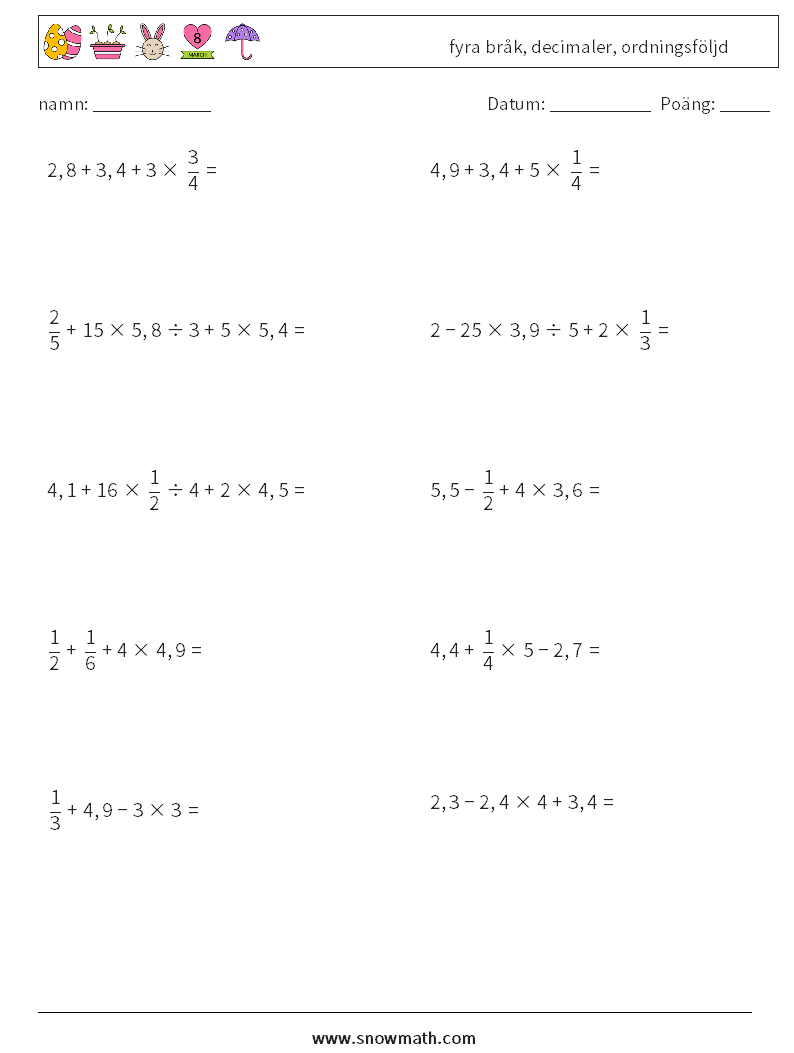 (10) fyra bråk, decimaler, ordningsföljd Matematiska arbetsblad 9