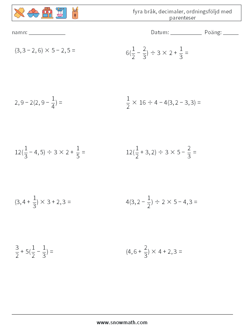 (10) fyra bråk, decimaler, ordningsföljd med parenteser Matematiska arbetsblad 18