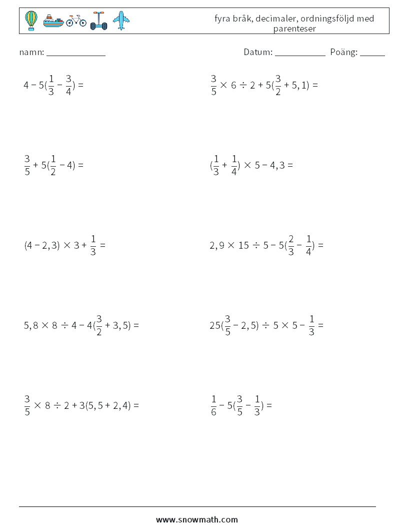 (10) fyra bråk, decimaler, ordningsföljd med parenteser Matematiska arbetsblad 2