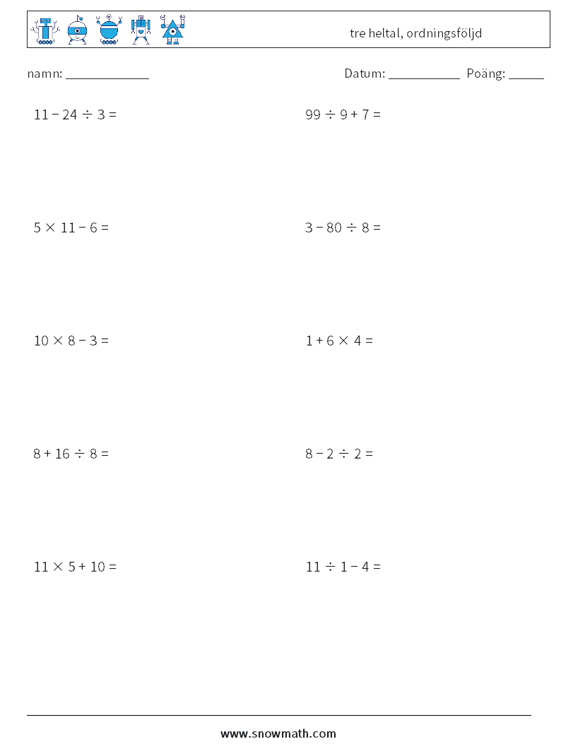 (10) tre heltal, ordningsföljd Matematiska arbetsblad 10
