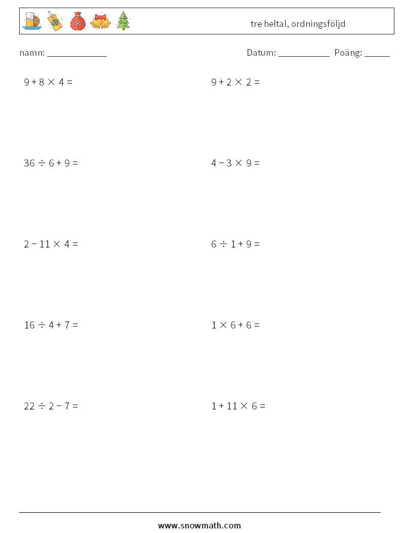 (10) tre heltal, ordningsföljd Matematiska arbetsblad 12