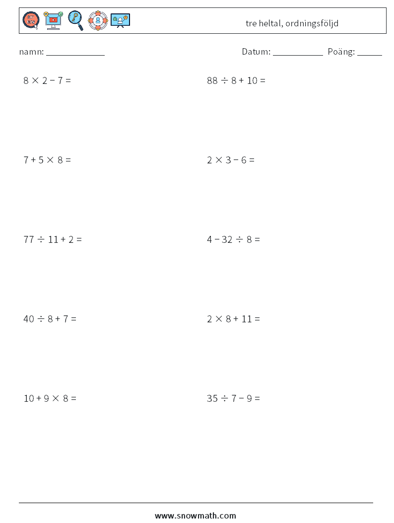 (10) tre heltal, ordningsföljd Matematiska arbetsblad 13